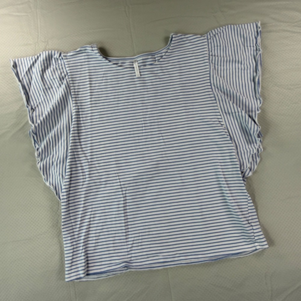 Passports Womens XL Blue White Striped Flutter Flutter Sleeve Top T-Shirt Knit